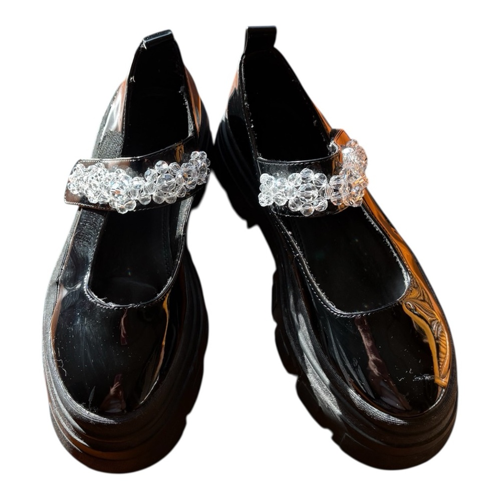 ASOS Black Patent Leather Mary Jane Shoes with Crystal Strap
